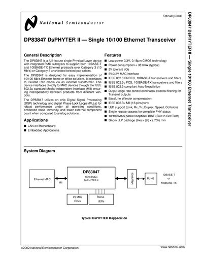 National Semiconductor DP83847 Ethernet PHY Datasheet - cover page