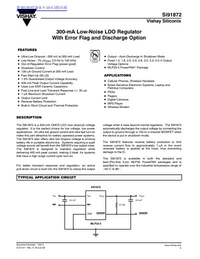 Vishay Siliconix Si91872 300-mA Low-Noise LDO Regulator Datasheet - cover page