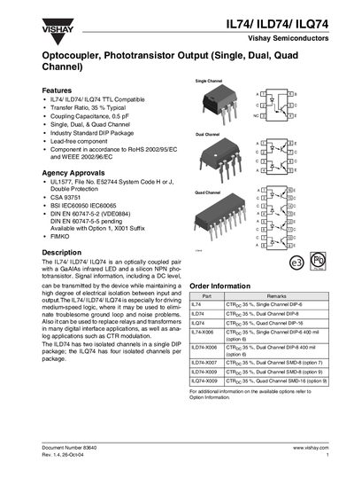 Vishay IL74/ILD74/ILQ74 Optocoupler Datasheet - cover page
