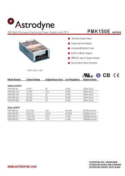 Astrodyne PMK150E Series Datasheet - cover page