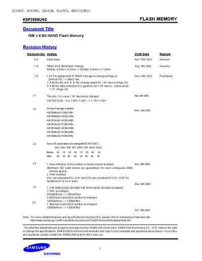 Samsung K9F2808U0C NAND Flash Memory Datasheet