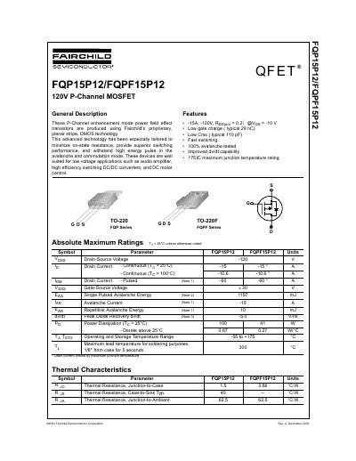 Fairchild Semiconductor FQP15P12/FQPF15P12 120V P-Channel MOSFET Datasheet