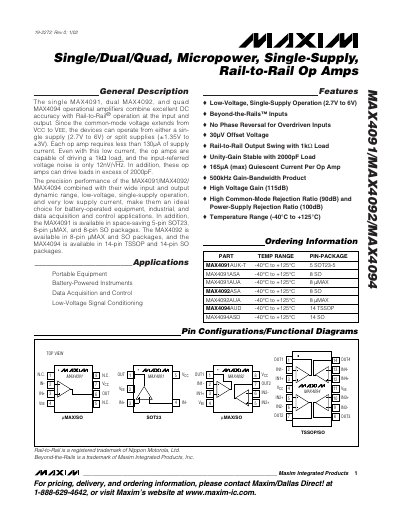 Maxim MAX4091/MAX4092/MAX4094 Op Amp Datasheet - cover page