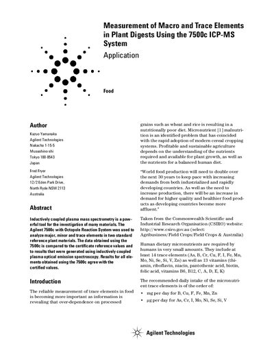 Agilent 7500c ICP-MS Measurement of Macro Trace Elements in Plant Digests Application Note - cover page