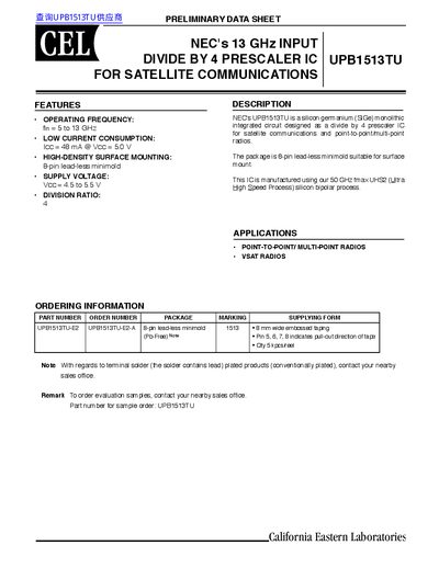 CEL UPB1513TU Divide-by-4 Prescaler IC Datasheet - cover page