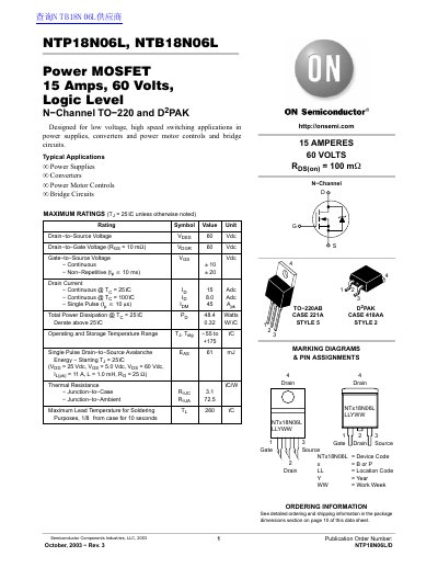 ON Semiconductor NTP18N06L NTB18N06L handbook - cover page
