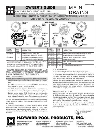 Hayward SP1048AV Anti-Vortex Main Drain Owner's Guide - cover page