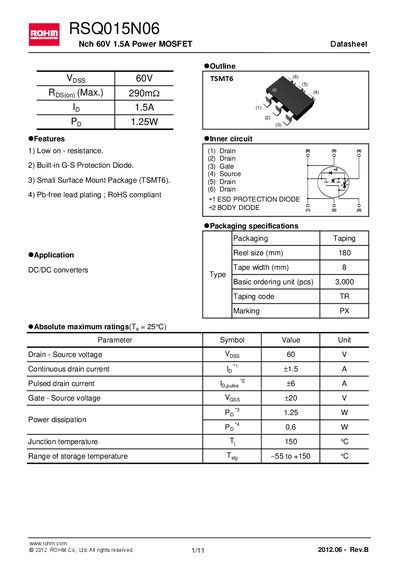 ROHM RSQ015N06 Power MOSFET Datasheet - cover page