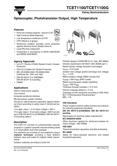 Vishay TCET1100/TCET1100G Optocoupler Datasheet - cover page