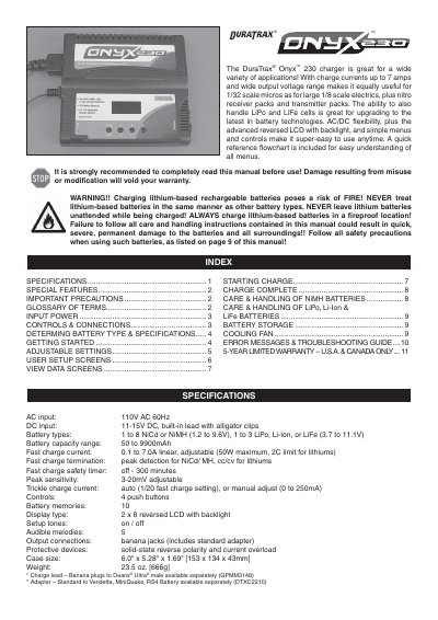 DuraTrax Onyx 230 Advanced Charger User Manual - cover page