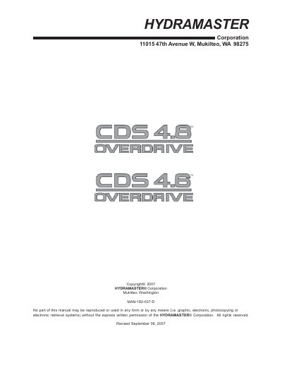 HydraMaster CDS 4.8/4.6 Carpet Cleaning Machine Operator and Maintenance Manual - cover page