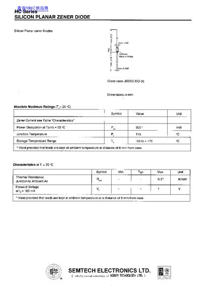 Semtech HC Series Silicon Planar Zener Diode Datasheet - cover page