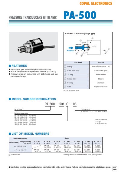 Copal PA-500 Pressure Transducer with Amplifier Product Leaflet - cover page