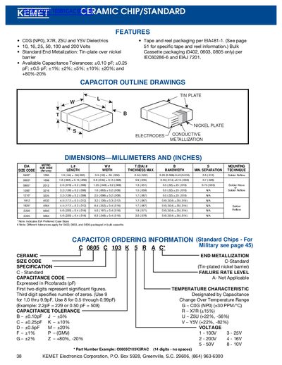 KEMET C0805C103K5RAC Ceramic Chip Capacitor Datasheet - cover page