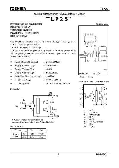 Toshiba TLP251 Photocoupler Datasheet - cover page