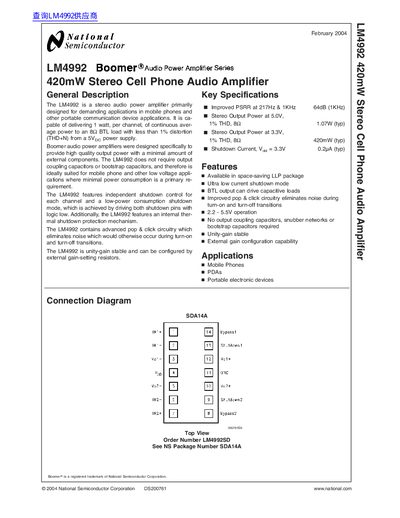 National Semiconductor LM4992 420mW Stereo Cell Phone Audio Amplifier Data Sheet - cover page