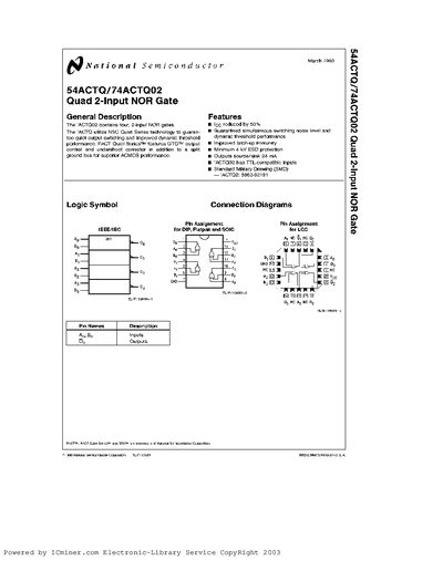 National Semiconductor 54ACTQ/74ACTQ02 Quad 2-Input NOR Gate Datasheet - cover page