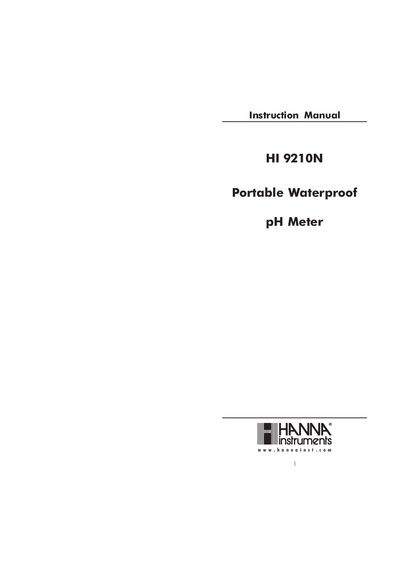 Hanna Instruments HI 9210N Portable Waterproof pH Meter Instruction Manual - cover page