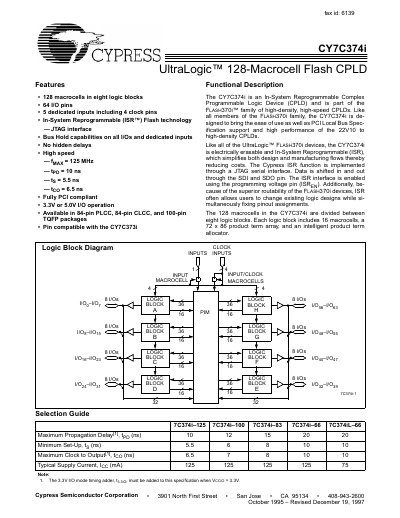 Cypress CY7C374i CPLD Datasheet - cover page