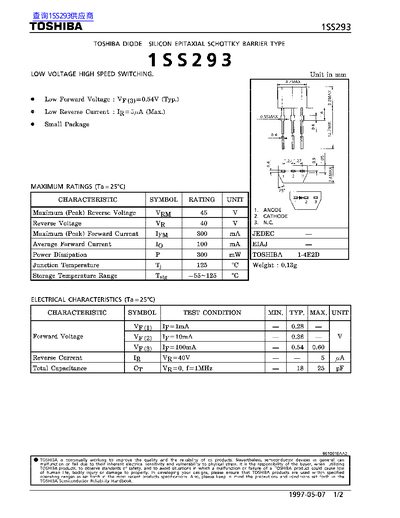Toshiba 1SS293 Diode Datasheet - cover page