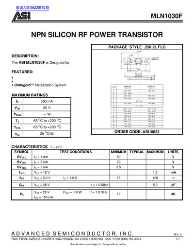ASI MLN1030F NPN Silicon RF Power Transistor Datasheet - cover page