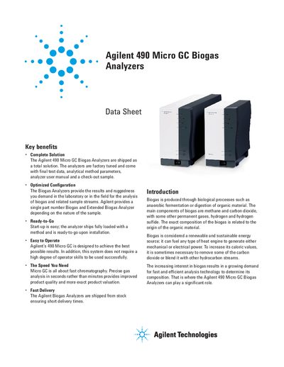 Agilent 490 Micro GC Biogas Analyzer Data Sheet - cover page