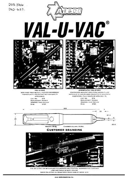 Abeco VAL-U-VAC Desoldering Pump Product Leaflet - cover page