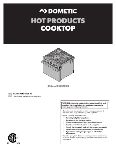Dometic R31 and S31 Series Enrange and Slide-In Cooktop Installation and Operating Manual - cover page