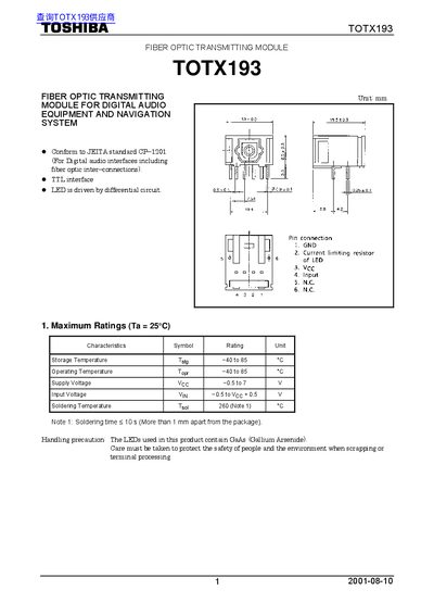 Toshiba TOTX193 Fiber Optic Transmitting Module Datasheet - cover page