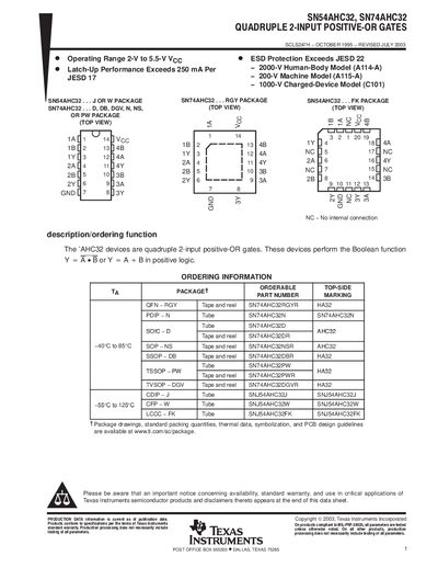 Texas Instruments SN54AHC32 / SN74AHC32 Datasheet - cover page