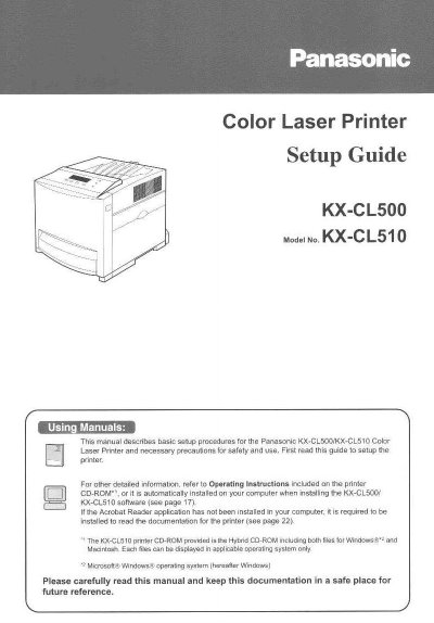 Panasonic KX-CL500/KX-CL510 Color Laser Printer Setup Guide - cover page