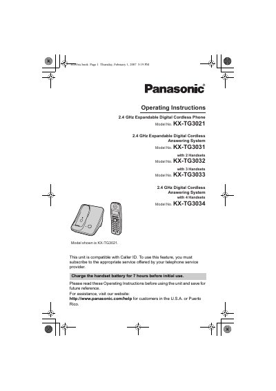 Panasonic KX-TG3021/KX-TG3031/KX-TG3032/KX-TG3033/KX-TG3034 Operating Instructions