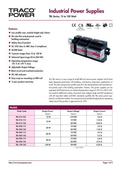 TracoPower TBL Series 15 to 150 Watt Handbook - cover page