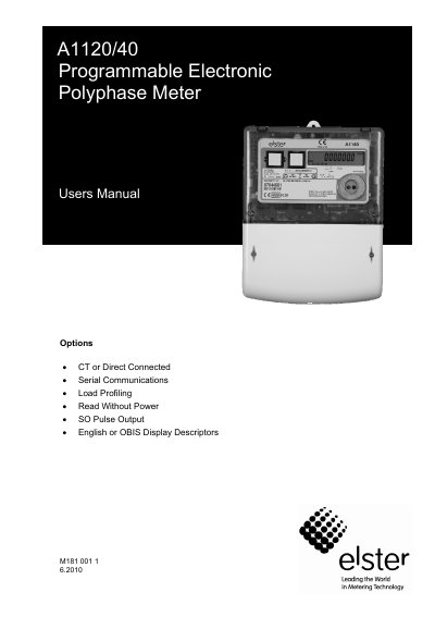 Elster A1120/40 Programmable Electronic Polyphase Meter User Manual - cover page
