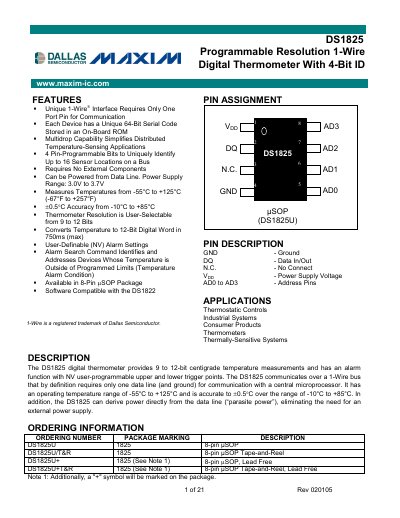 Maxim DS1825 Programmable Resolution 1-Wire Digital Thermometer Datasheet - cover page