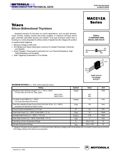Motorola MAC212A Series Triac Datasheet