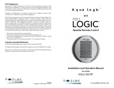 Goldline Controls AQL2-SS-RF Spaside Remote Control Installation and Operation Manual - cover page