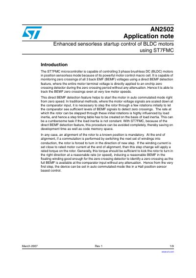 STMicroelectronics ST7FMC Enhanced Sensorless Startup Control Application Note AN2502