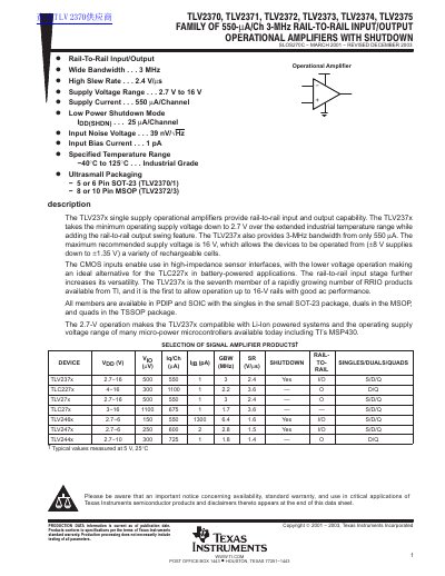 TEXAS INSTRUMENTS TLV2370 Data Sheet  - cover page