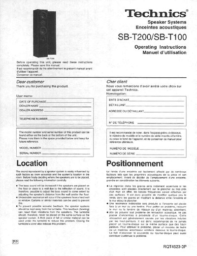 Technics SB-T200/SB-T100 Speaker Systems Operating Instructions - cover page