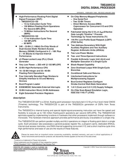 Texas Instruments TMS320VC33 DSP Datasheet - cover page