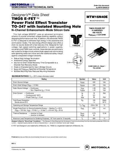 Motorola MTW16N40E Power MOSFET Datasheet - cover page