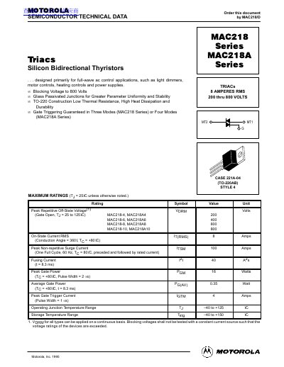 Motorola MAC218 Series/MAC218A Series Triac Datasheet - cover page