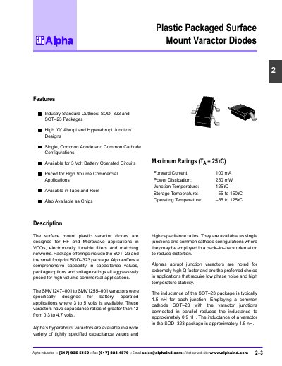 Alpha Industries Plastic Packaged Surface Mount Varactor Diodes Datasheet - cover page