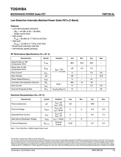 Toshiba TIM7785-8L Microwave Power GaAs FET Handbook - cover page