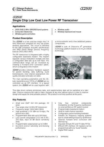 Texas Instruments CC2500 RF Transceiver Datasheet - cover page