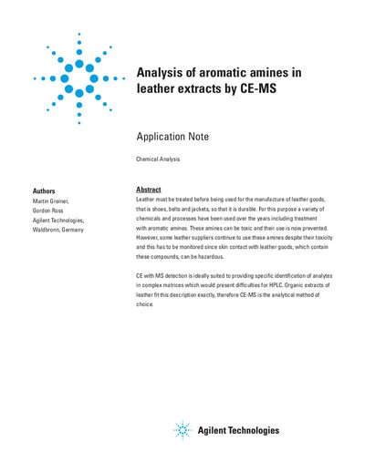 Analysis of Aromatic Amines in Leather Extracts by CE-MS Application Note - cover page