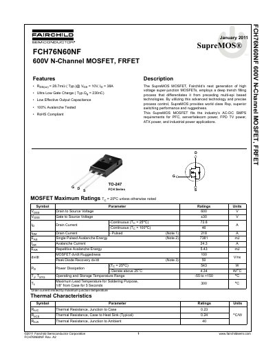 Fairchild Semiconductor FCH76N60NF MOSFET Datasheet - cover page