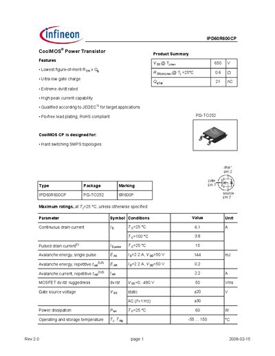 Infineon IPD60R600CP Datasheet - cover page