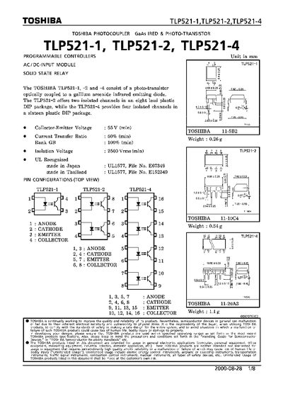 Toshiba TLP521-1/2/4 Optocoupler Datasheet